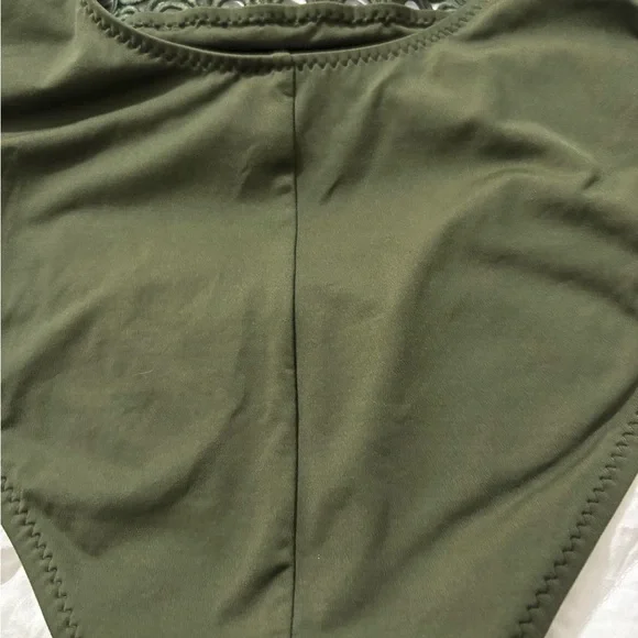 BECCA Siren Olive Green One Piece Swimsuit. Cute Circular Cutouts, Tie Back. - Picture 11 of 16